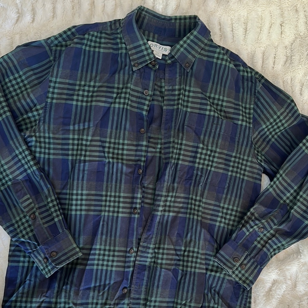 Orvis Blue and Green Plaid Casual Button Down Shirt‎